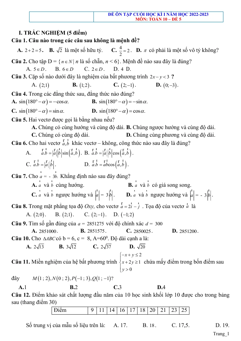 Đề Ôn Thi Cuối Kỳ 1 Môn Toán 10 - Đề 5