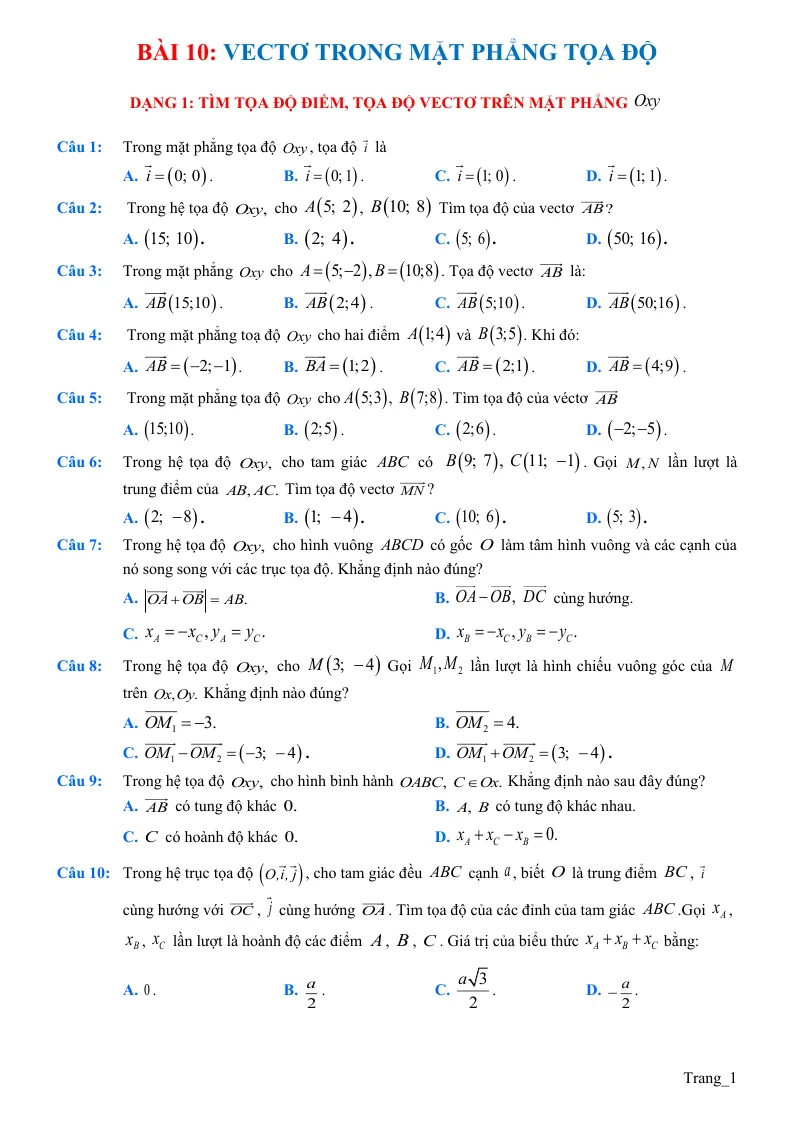 75 Câu Trắc Nghiệm Bài 10 Vectơ Trong Mặt Phẳng Tọa Độ