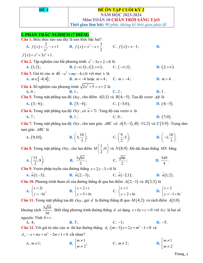 Đề Ôn Thi HK2 Toán 10 Giải Chi Tiết - Đề 1