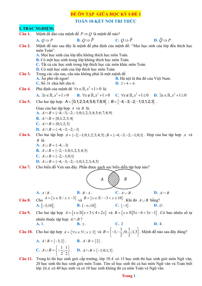10 Đề Thi Giữa Học Kỳ 1 Toán 10