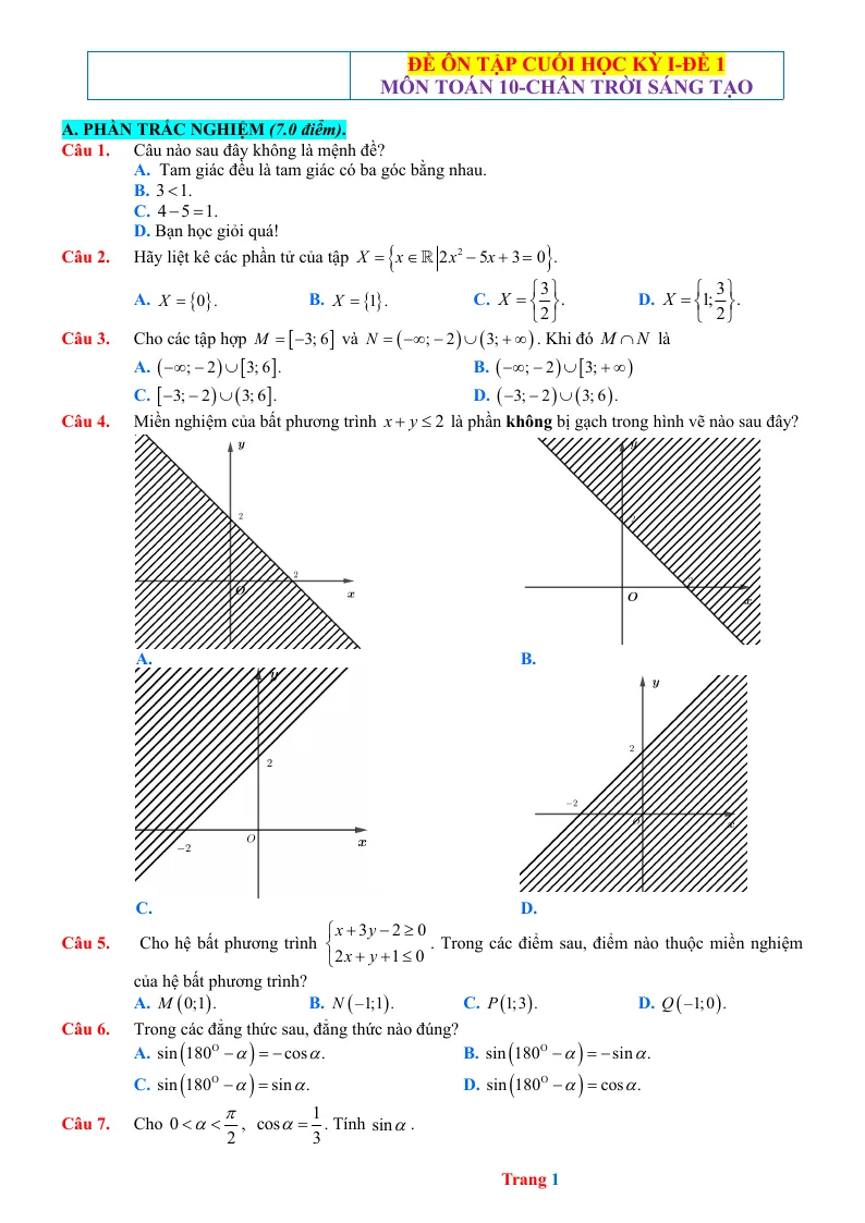 20 Đề Thi Học Kỳ 1 Toán 10