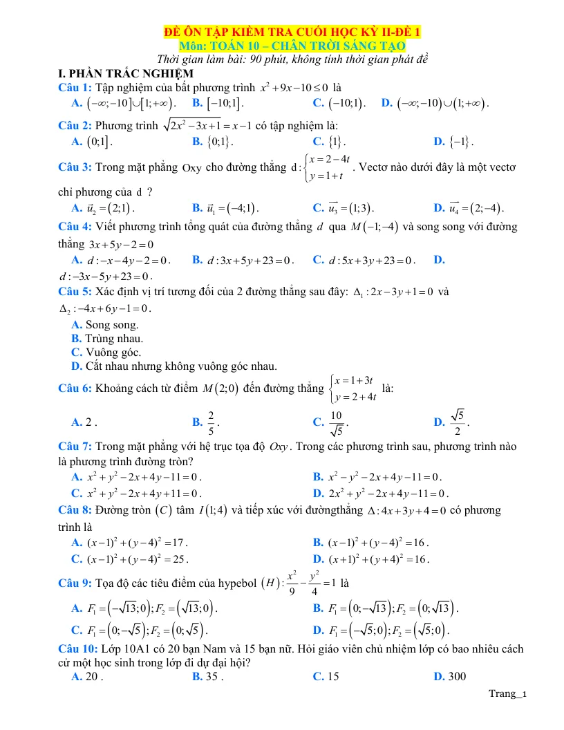 Bộ Đề Thi Học Kỳ 2 Toán 10