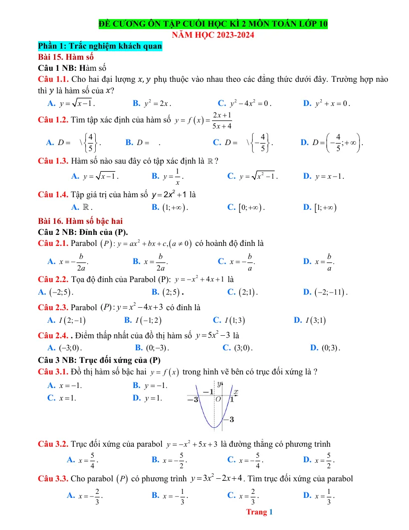Đề Cương Ôn Tập HK2 Toán 10 Theo Từng Dạng Câu Hỏi