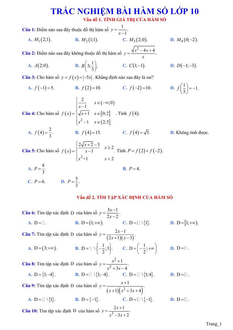Trắc Nghiệm Hàm Số Lớp 10
