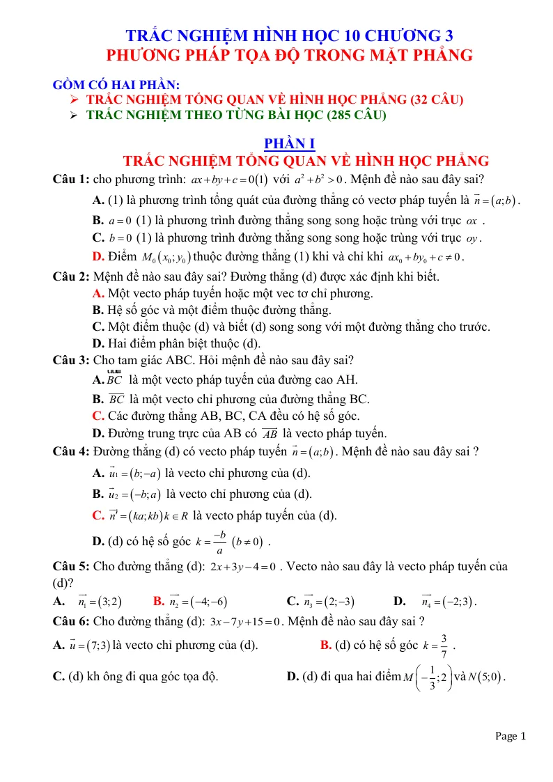 Bài tập trắc nghiệm phương pháp tọa độ trong mặt phẳng