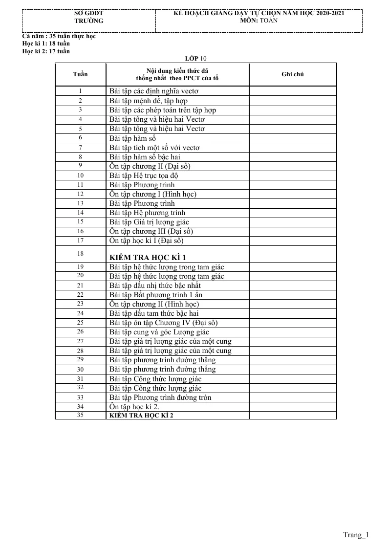 Kế Hoạch Giảng Dạy Tự Chọn Toán THPT Lớp 10, 11, 12