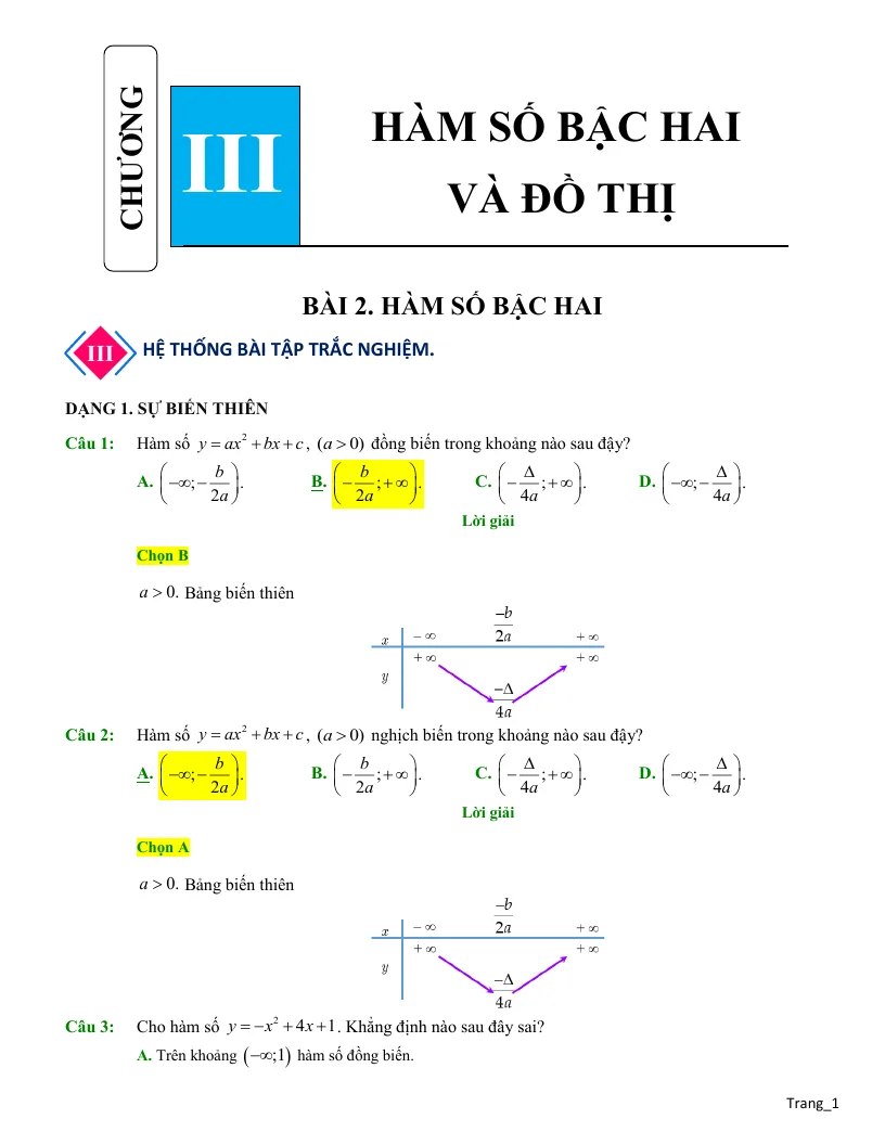 Chuyên Đề Trắc Nghiệm Hàm Số Bậc Hai Toán 10