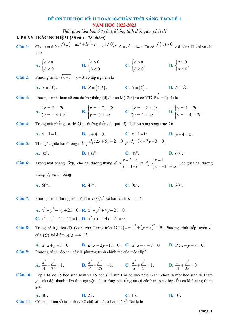 Bộ Đề Ôn Thi HK2 Toán 10