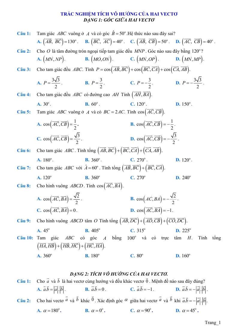65 Câu Trắc Nghiệm Bài Tích Vô Hướng Của Hai Vectơ Theo Từng Dạng