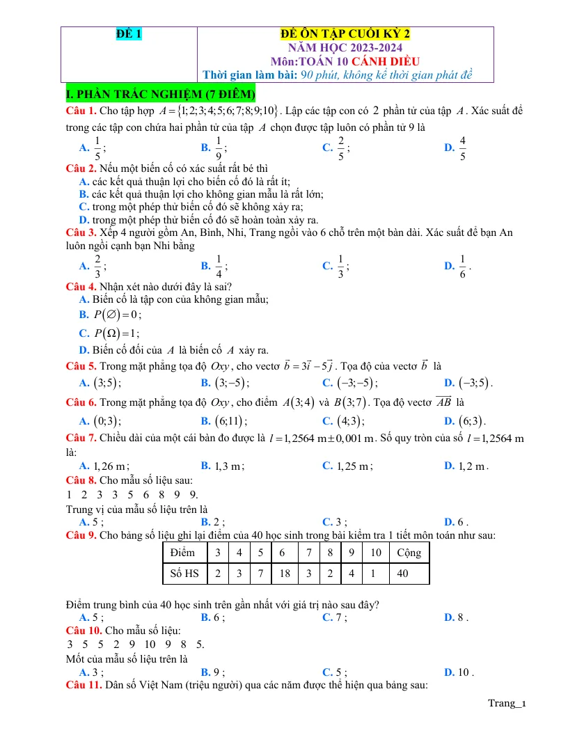 Đề Ôn Thi HK2 Toán 10 Giải Chi Tiết - Đề 1