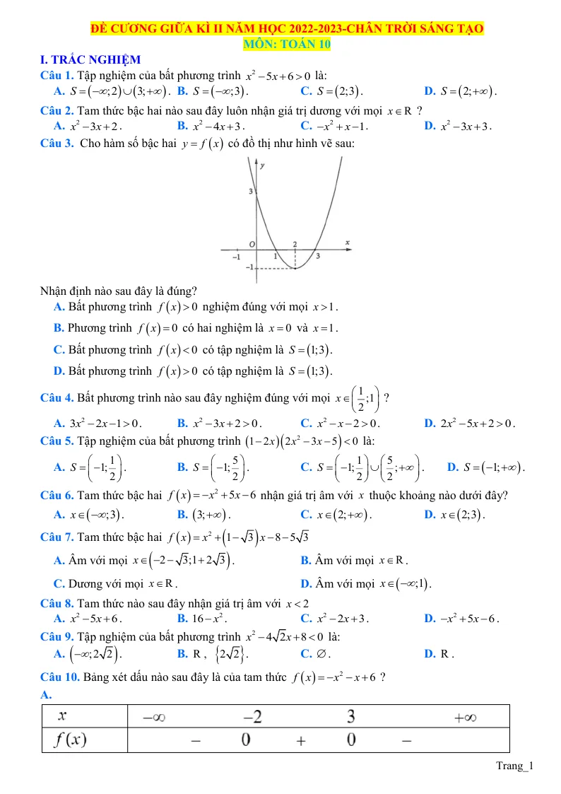 Đề Cương Ôn Tập Giữa Học Kỳ 2 Toán 10