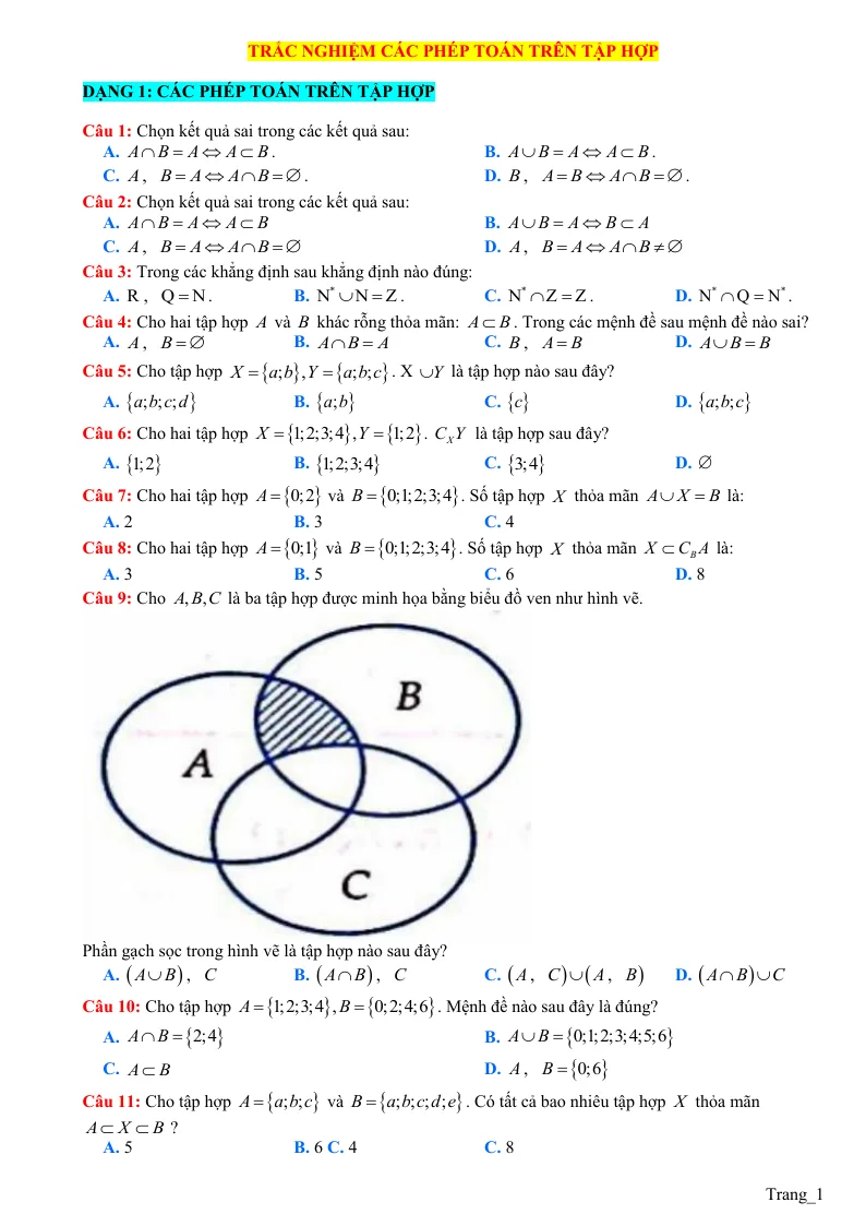 60 Câu Trắc Nghiệm Các Phép Toán Trên Tập Hợp Theo Dạng
