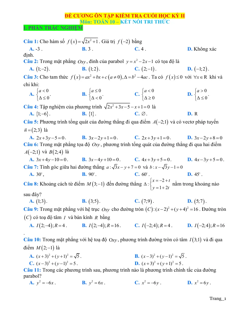 Đề Cương Ôn Tập Học Kỳ 2 Toán 10