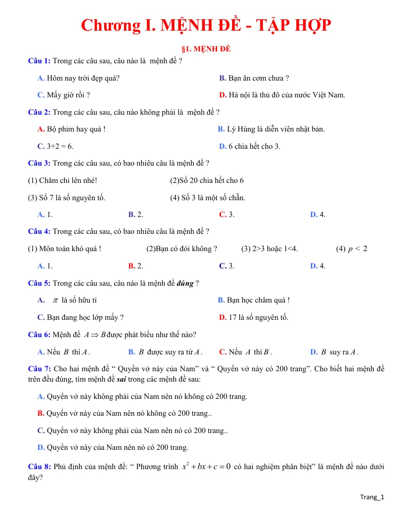 Bài Tập Trắc Nghiệm Ôn Chương Mệnh Đề Tập Hợp
