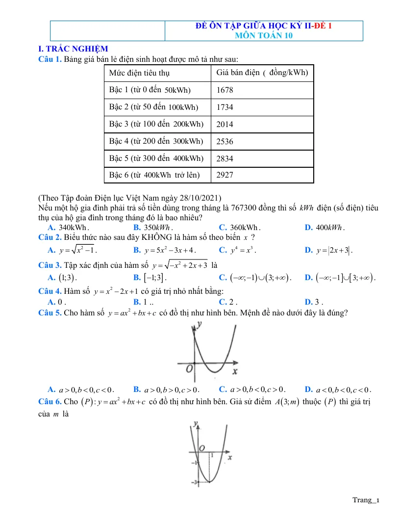 Bộ Đề Kiểm Tra Giữa HK2 Toán 10