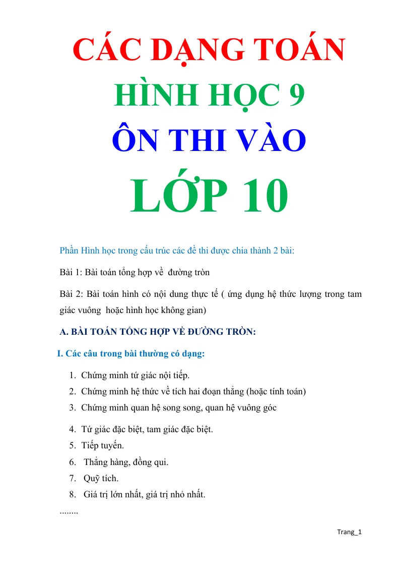 Các Dạng Toán Hình Học 9 Ôn Thi Vào Lớp 10