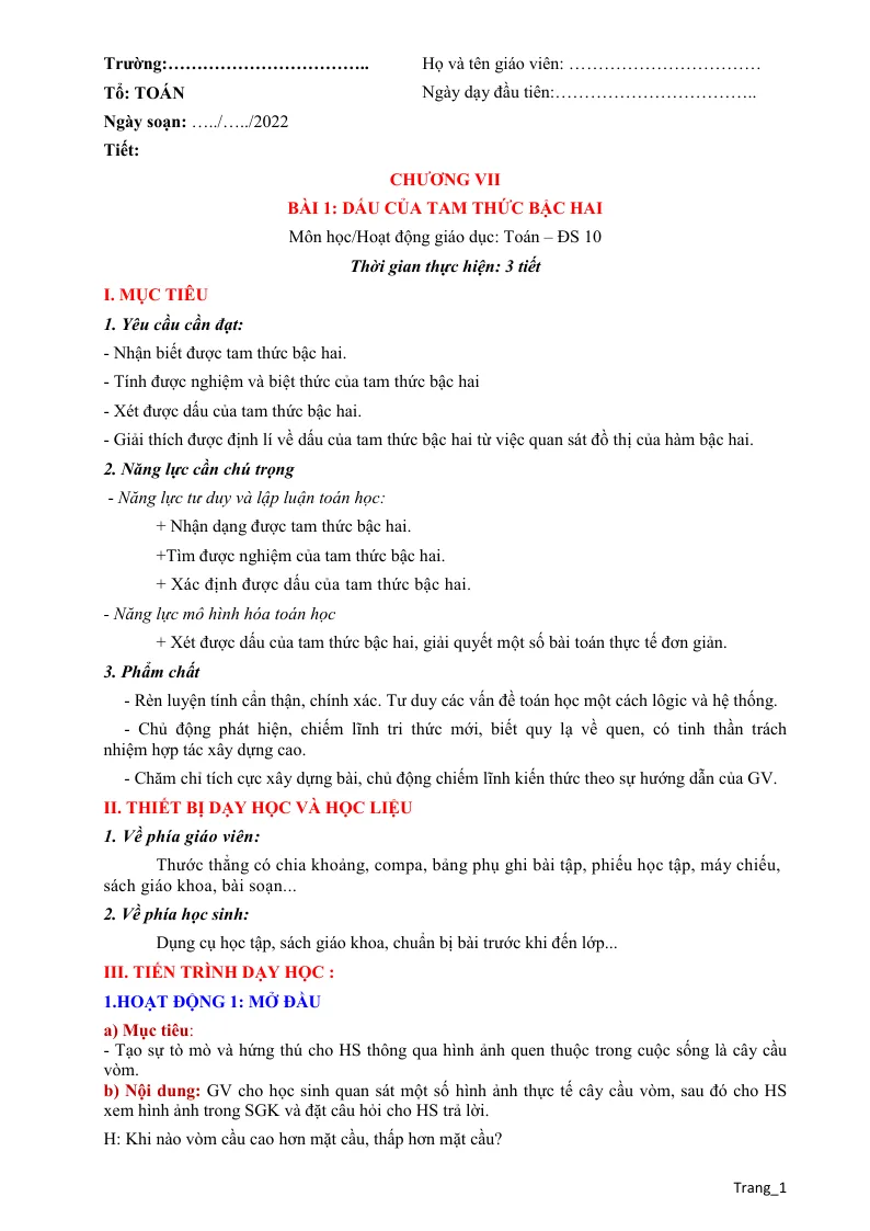 Giáo Án Môn Toán Lớp 10 Học Kỳ 2 - Bộ 2