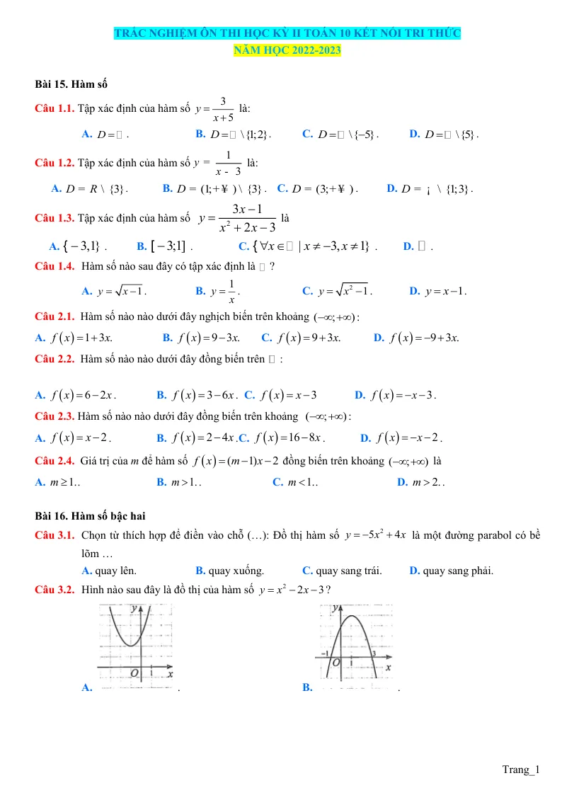 150 Câu Trắc Nghiệm Ôn Thi Học Kỳ 2 Toán 10