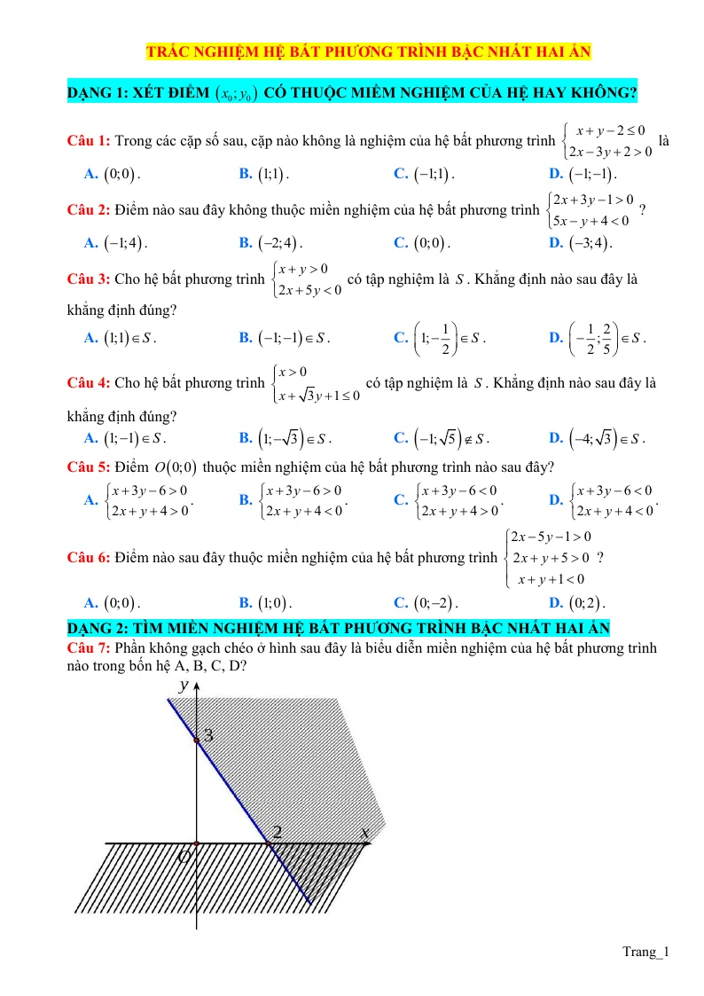 25 Câu Trắc Nghiệm Hệ Bất Phương Trình Bậc Nhất Hai Ẩn Theo Dạng