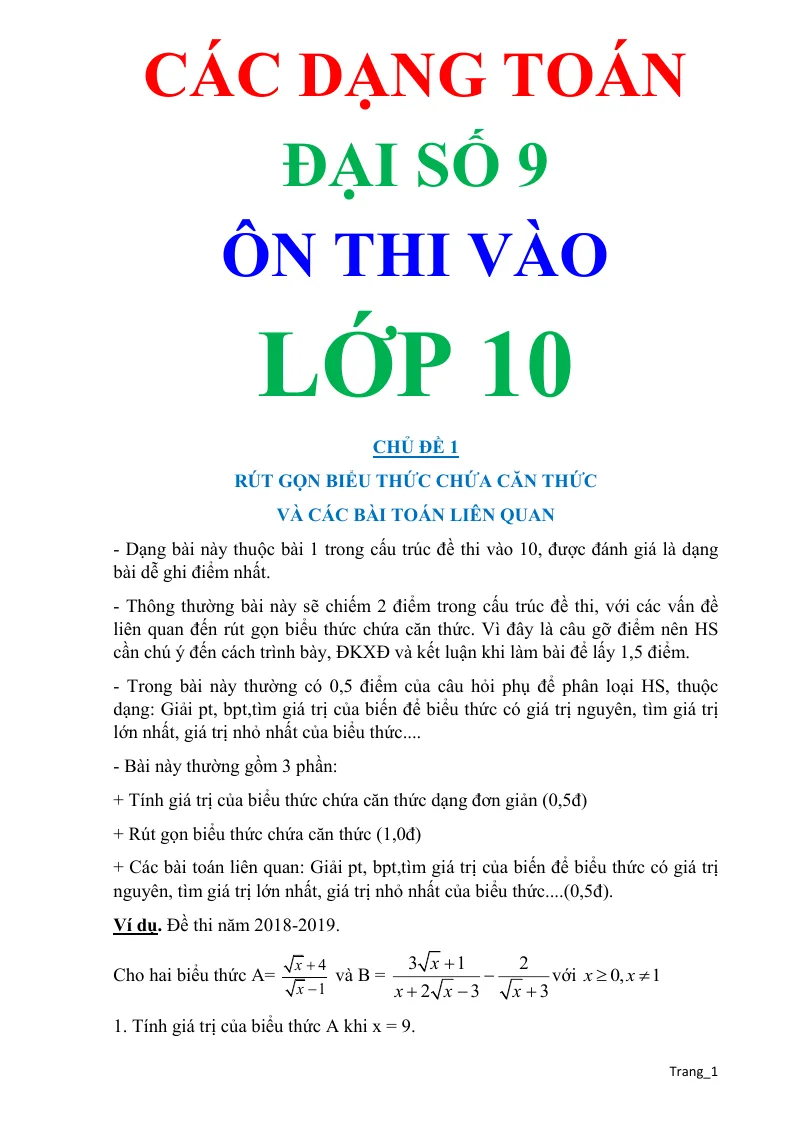 Các Dạng Toán Đại Số 9 Ôn Thi Vào Lớp 10