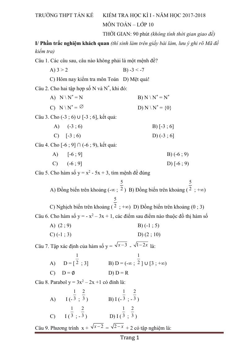 Tổng Hợp 10 Đề Thi Học Kỳ I Môn Toán Lớp 10
