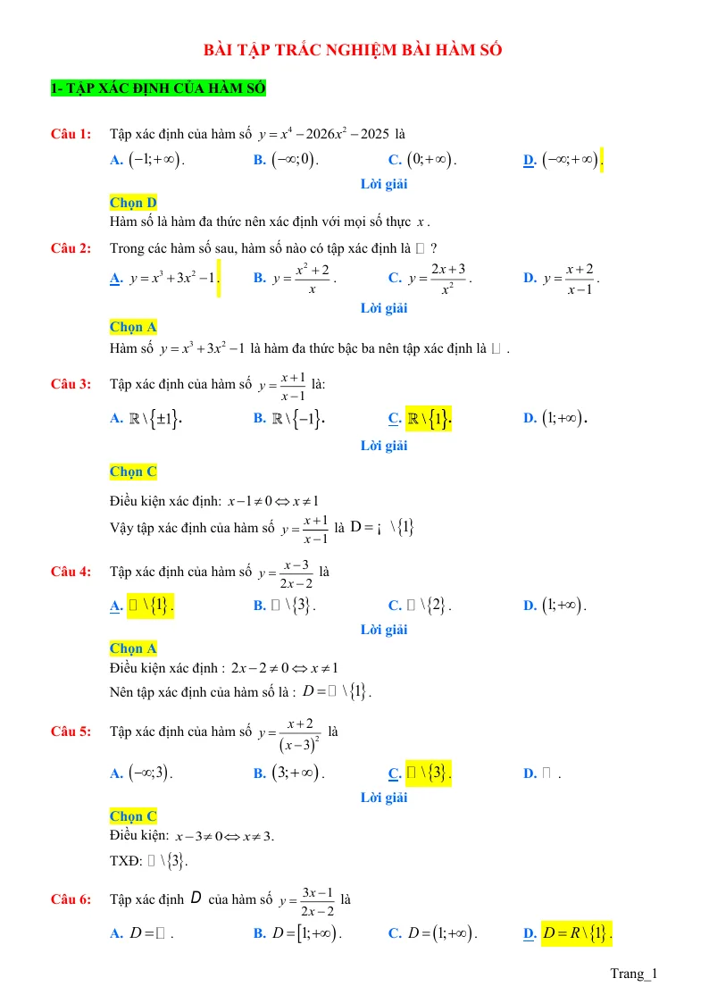 100 Câu Trắc Nghiệm Bài Hàm Số Toán 10