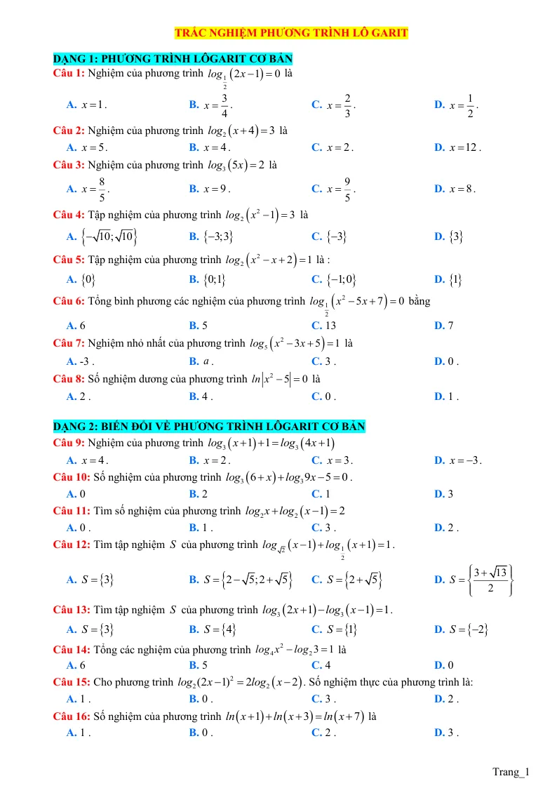 40 Câu Trắc Nghiệm Phương Trình Lôgarit Theo Dạng