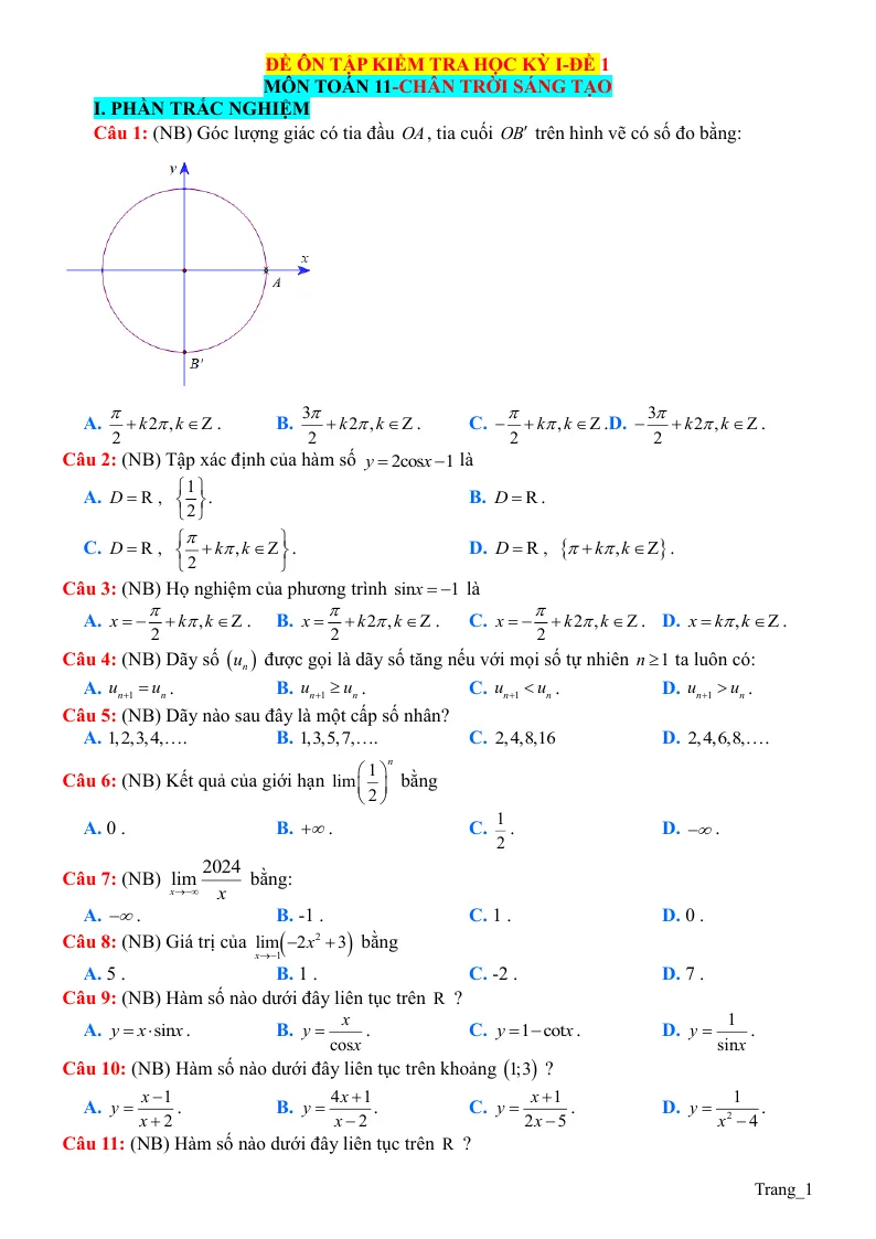 Đề Ôn Thi Học Kỳ 1 Toán 11 Giải Chi Tiết - Đề 1
