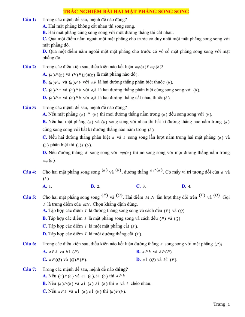30 Câu Trắc Nghiệm Bài Hai Mặt Phẳng Song Song