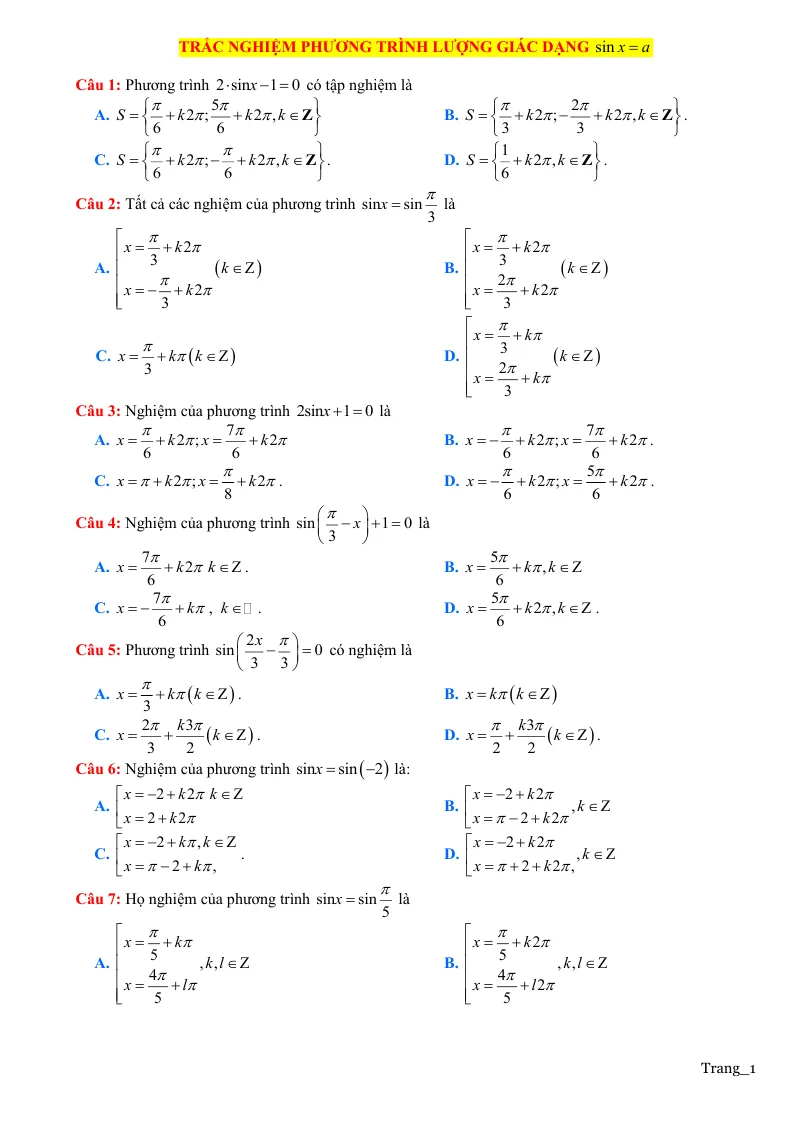 Trắc Nghiệm Phương Trình Lượng Giác Cơ Bản Dạng sinx= a