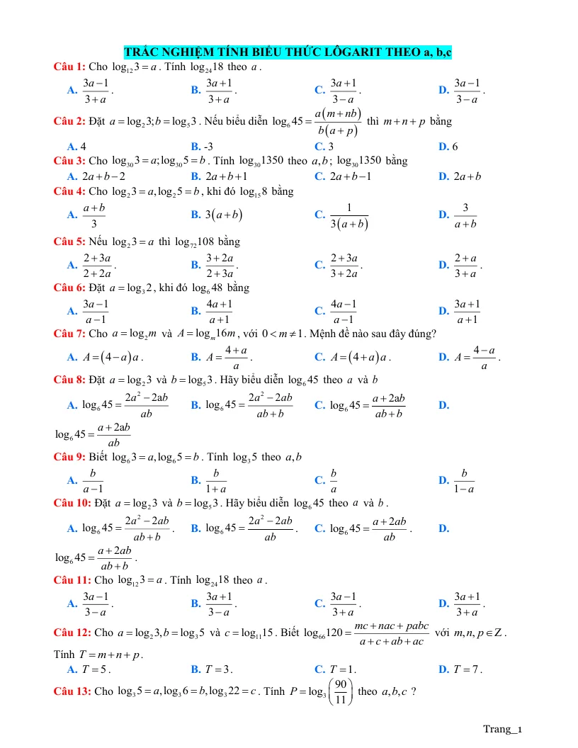 Trắc Nghiệm Tính Biểu Thức Lôgarit Theo a, b, c