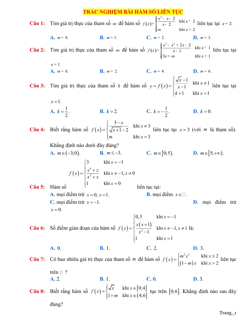 30 Câu Trắc Nghiệm Về Hàm Số Liên Tục