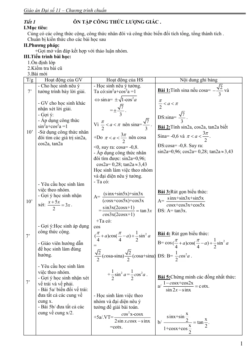 Giáo Án Đại Số Và Giải Tích Lớp 11 Cả Năm