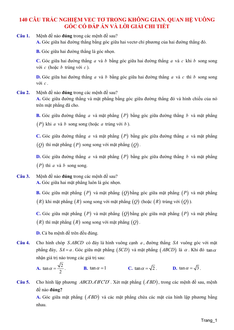 140 Câu Trắc Nghiệm Vec Tơ Quan Hệ Vuông Góc Trong Không Gian