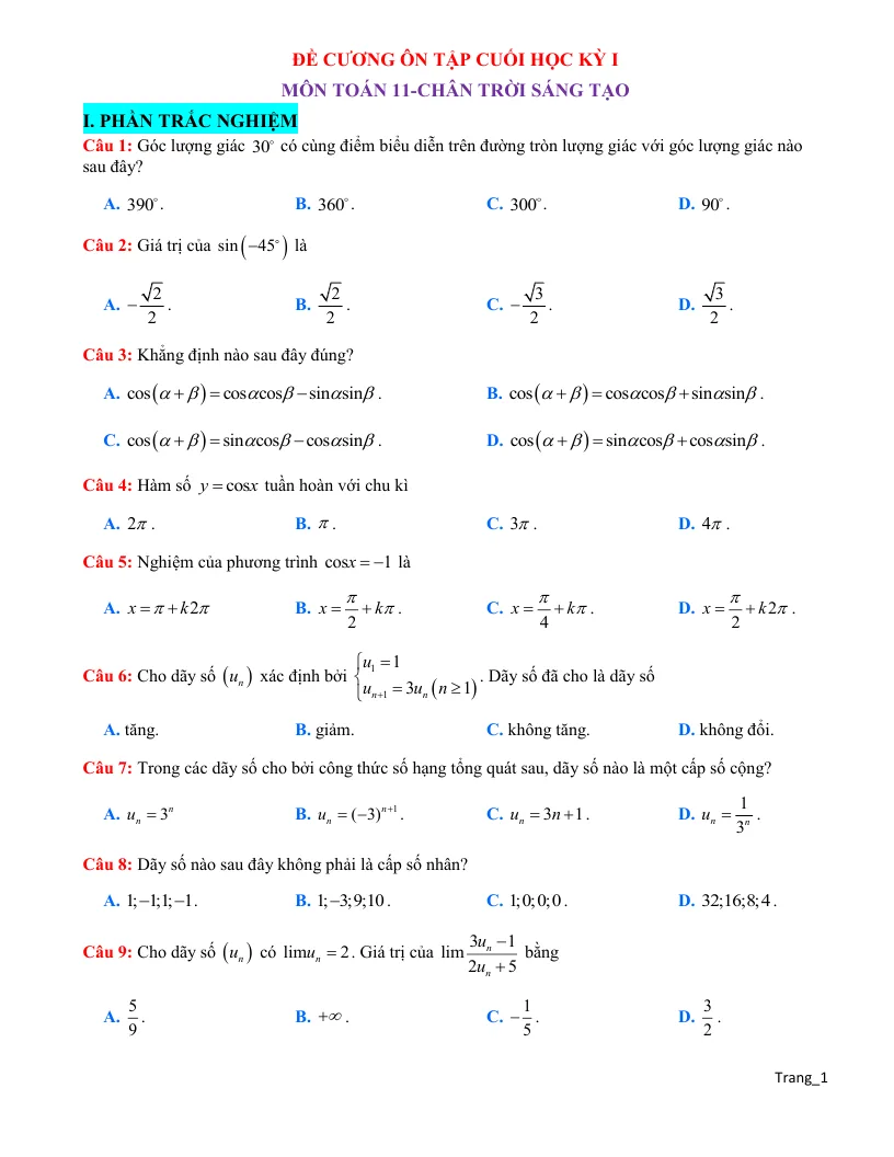 Đề Cương Ôn Tập Học Kỳ 1 Toán 11