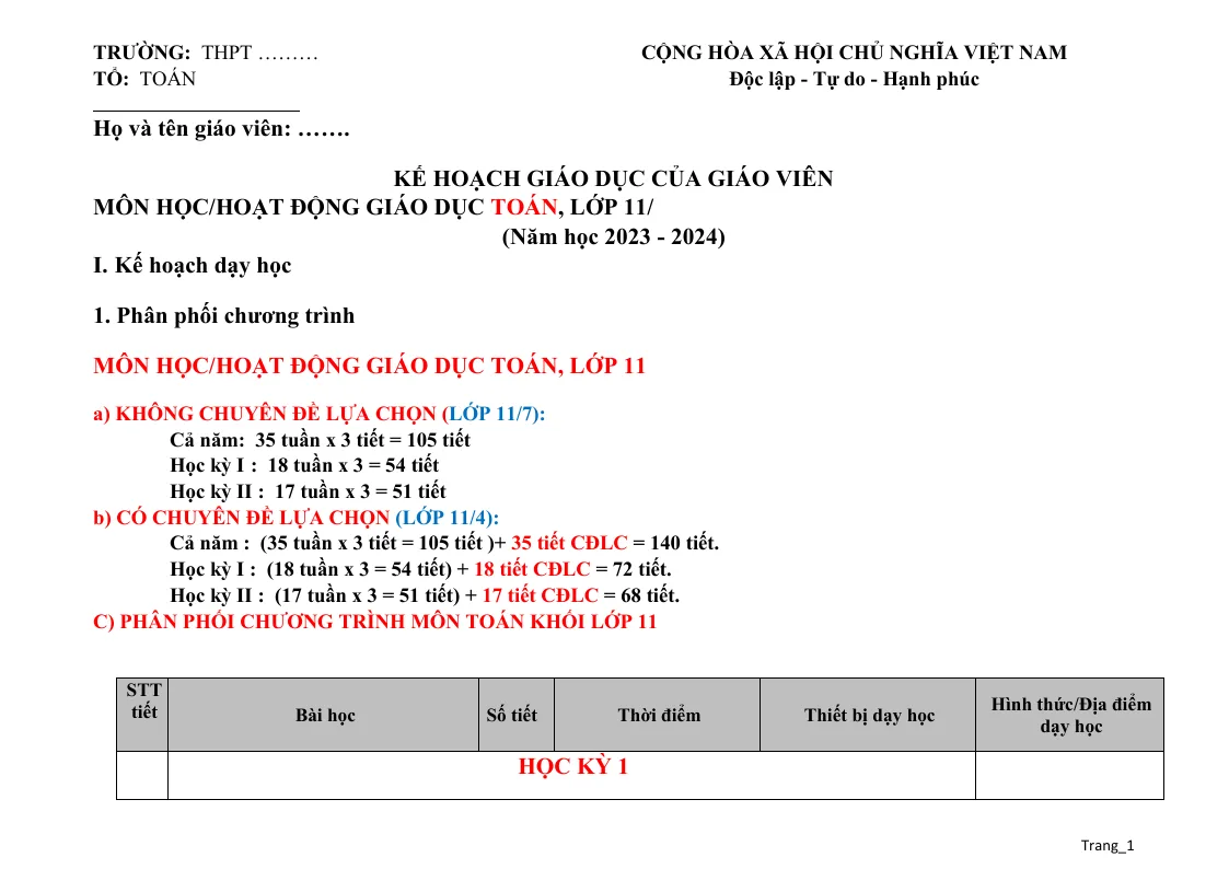 Phụ Lục 3 Toán 11 2023 - 2024