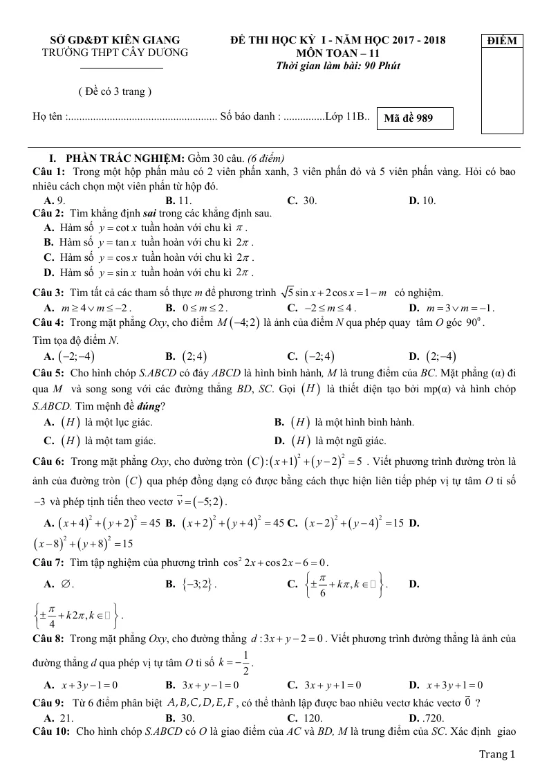 10 Đề Thi Học Kỳ 1 Toán 11