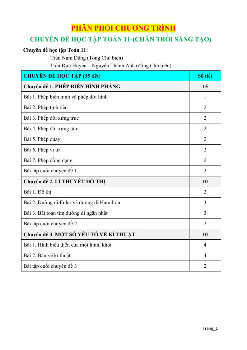 Phân Phối Chương Trình Toán 11 Chuyên Đề