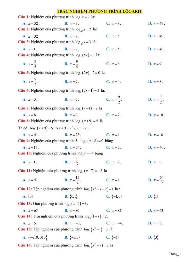 50 Câu Trắc Nghiệm Phương Trình Lôgarit Mức Thông Hiểu