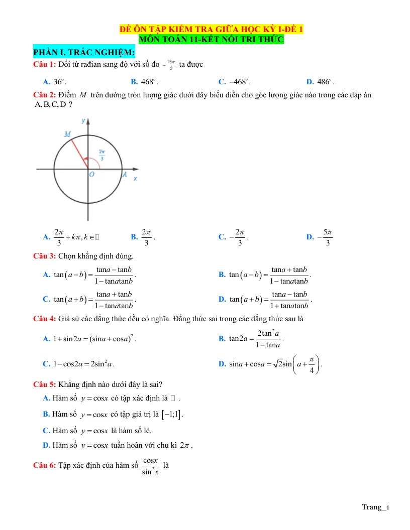 Đề Thi Giữa Học Kỳ 1 Toán 11 Giải Chi Tiết - Đề 1