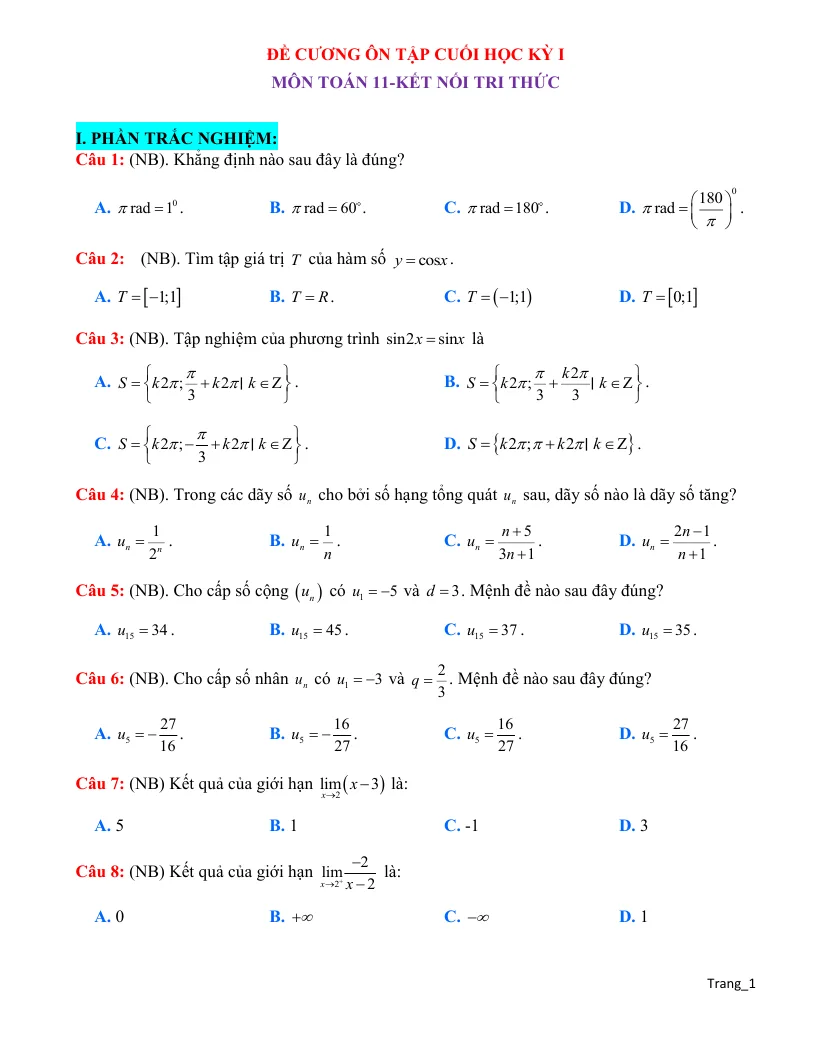 Đề Cương Ôn Tập Học Kỳ 1 Toán 11