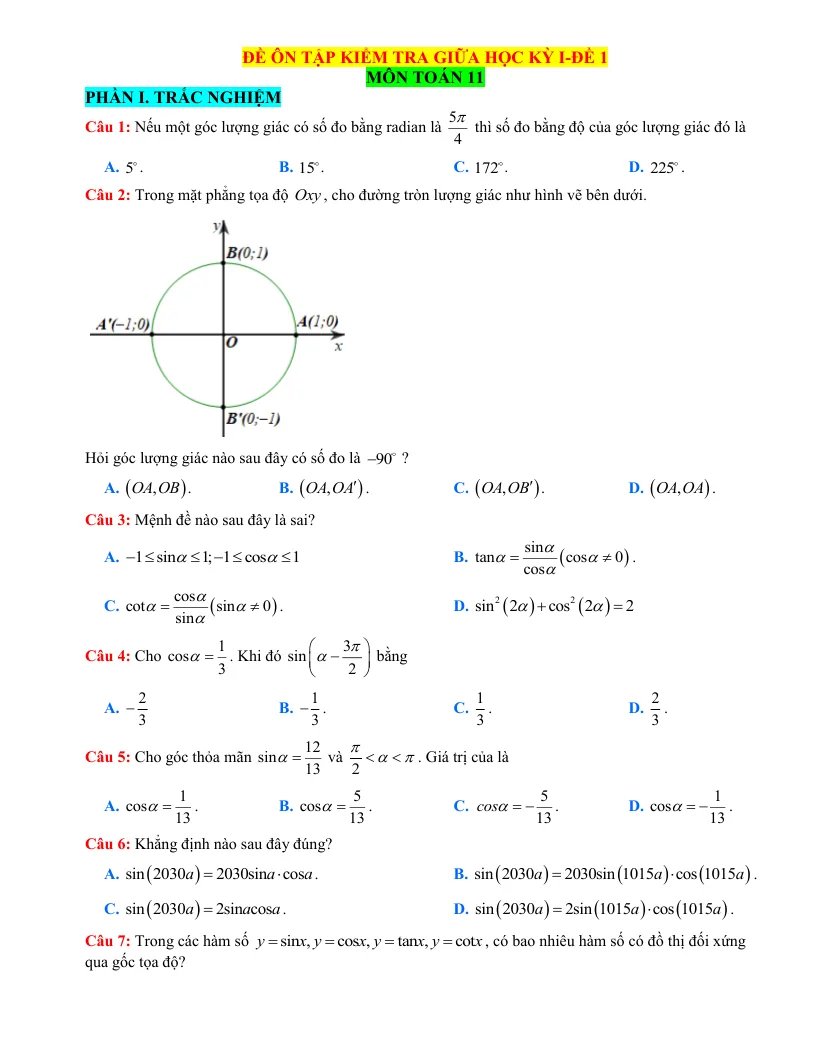 Đề Ôn Thi Giữa Học Kỳ 1 Toán 11 Giải Chi Tiết - Đề 1