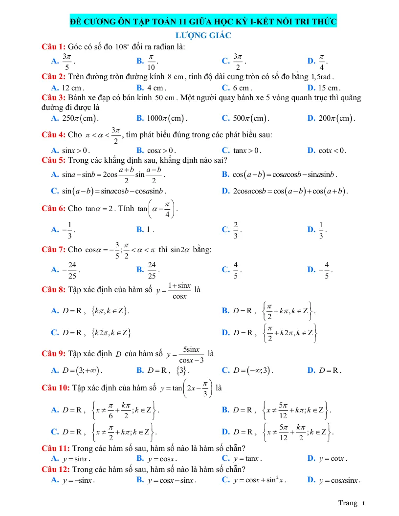 Đề Cương Ôn Thi Toán 11 Giữa Học Kỳ 1