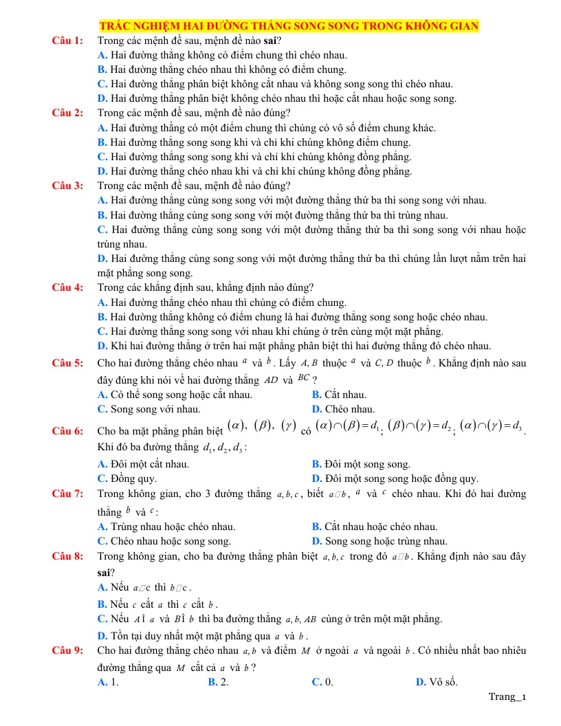 30 Câu Trắc Nghiệm Về Hai Đường Thẳng Song Song Trong Không Gian