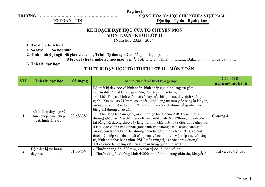 Kế Hoạch Dạy Học Toán 11 2023 - 2024