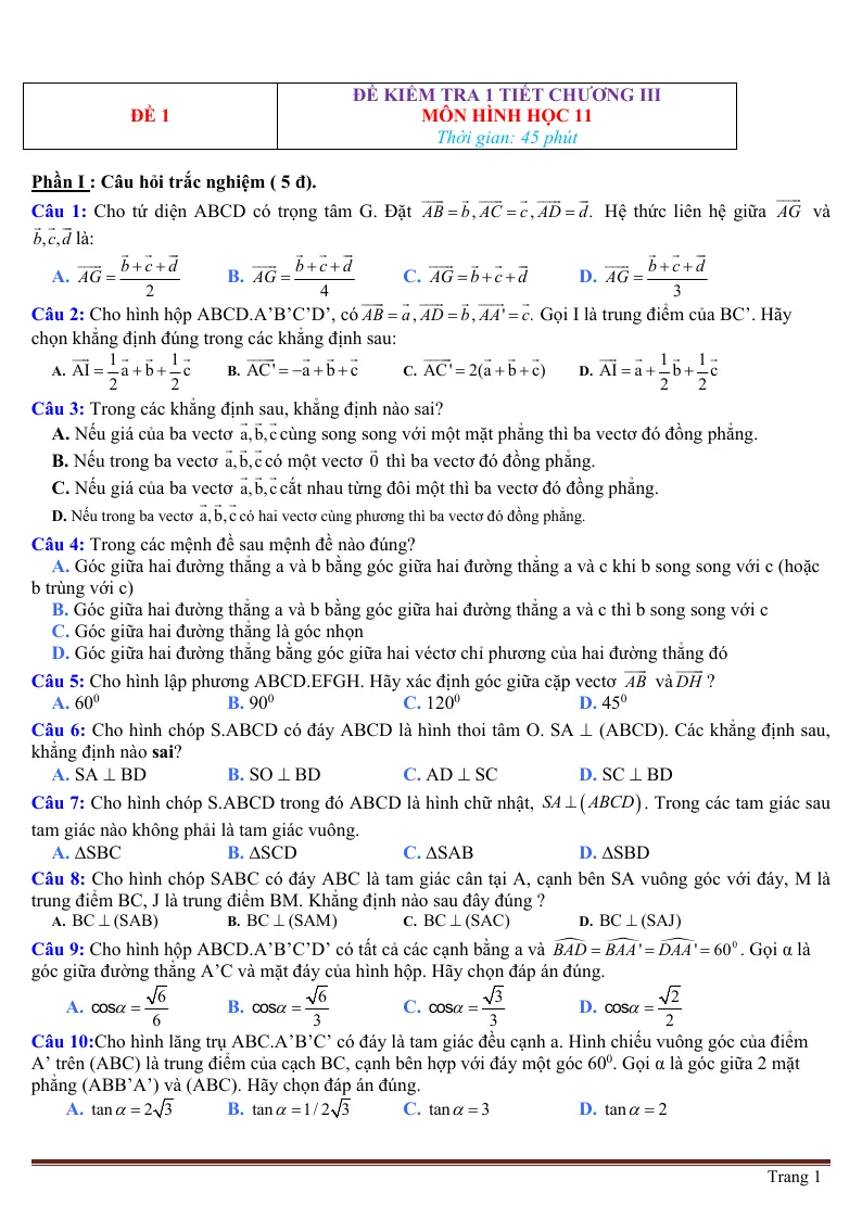Bộ Đề Kiểm Tra 1 Tiết Chương Vuông Góc Hình 11