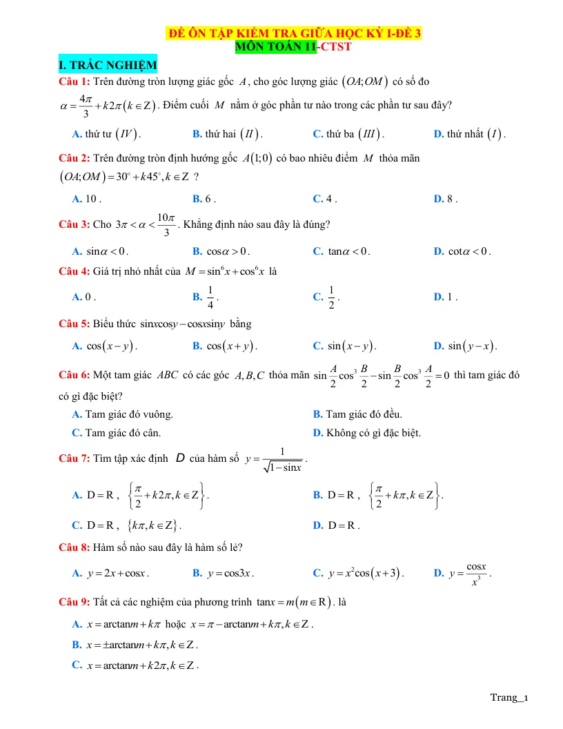 Đề Thi Giữa Học Kỳ 1 Toán 11 Giải Chi Tiết - Đề 3