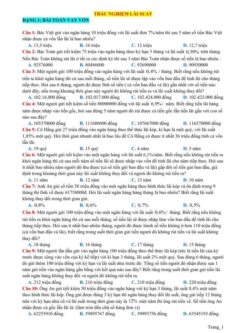 70 Câu Trắc Nghiệm Lãi Suất Theo Từng Dạng