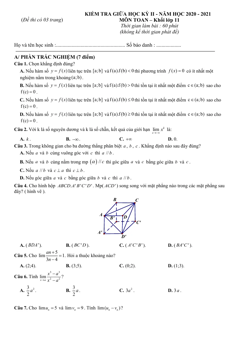 Đề Thi Toán 11 Giữa Học Kỳ 2 Có Đáp Án (Đề 5)
