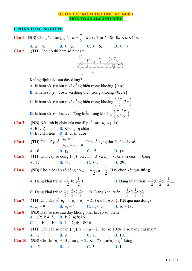 Đề Ôn Thi Học Kỳ 1 Toán 11 Giải Chi Tiết - Đề 1